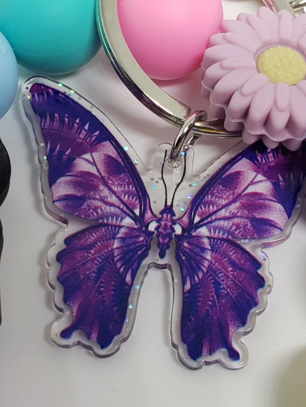 Handmade SiIicone Focal Beaded Pink Purple Flower Butterfly Wristlet Keychain